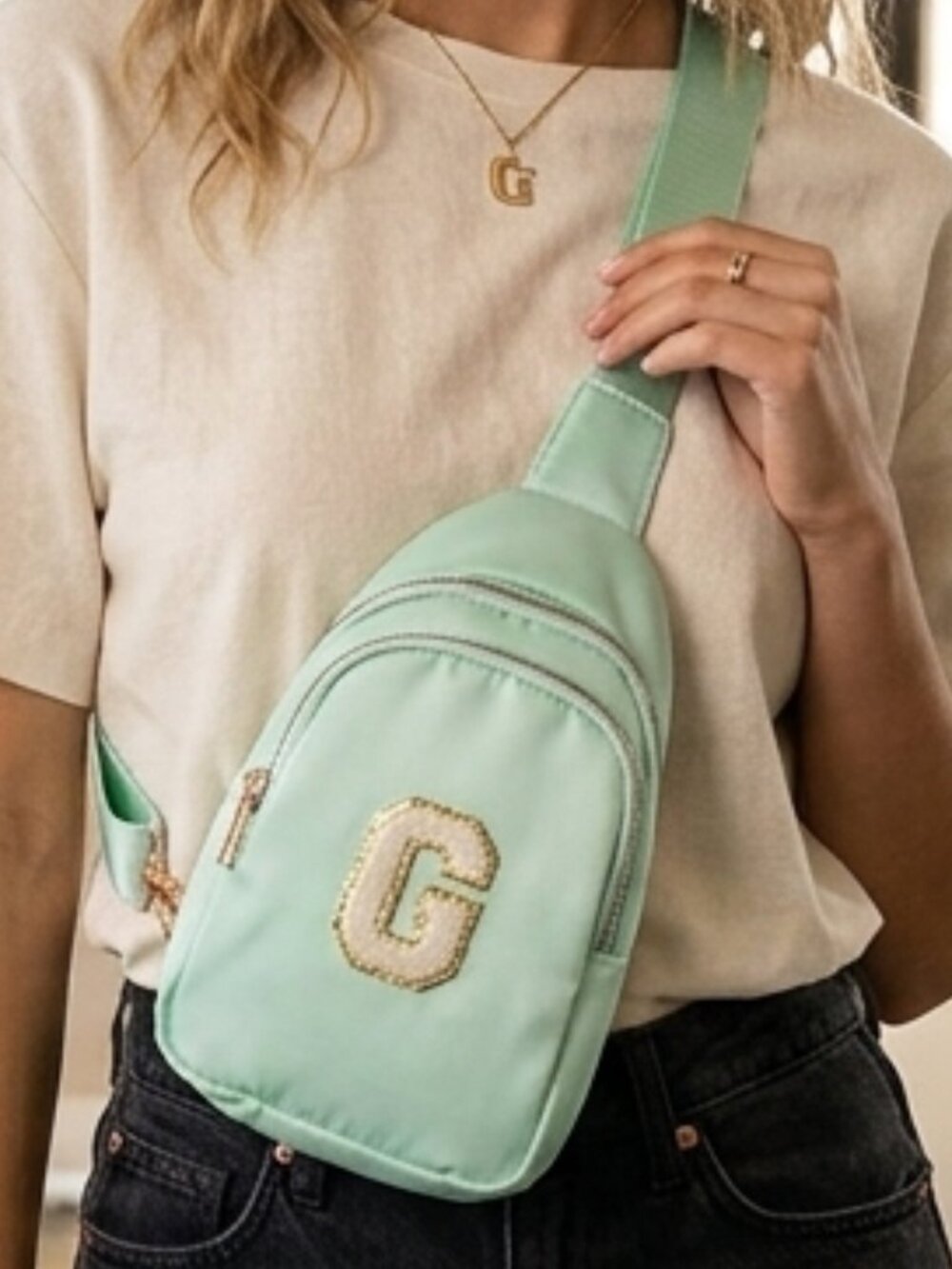Mint Green Varsity Letter G Chenille Patch Mini Sling Bag Backpack Crossbody